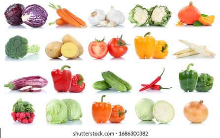 Collection of vegetables tomatoes carrots lettuce pumpkin fresh food vegetable potatoes isolated on a white background - Powered by Shutterstock