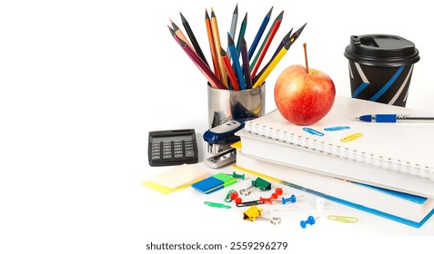 A collection of vibrant office supplies featuring a stapler, paper clips, books, binder clips, push pins, erasers, and rubber bands. Ideal for organizing workspace. - Powered by Shutterstock