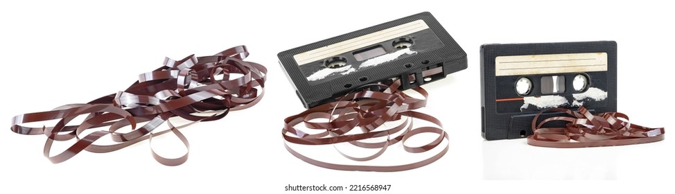 Collection of vintage audio cassette tape isolated on a white background