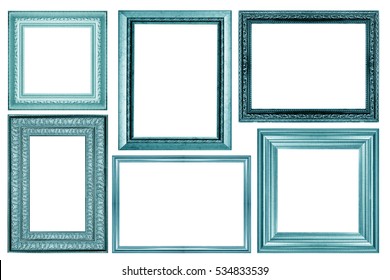 Collection Of Vintage Blue And Wood Picture Frame, Isolated On White