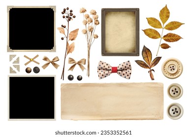 Collection of vintage elements for scrapbooking. Nostalgic set of retro photo, linen bows, dry pressed flower and leaf, buttons, paper corners for album. Mockup template. Isolated on white background