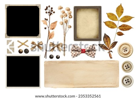 Collection of vintage elements for scrapbooking. Nostalgic set of retro photo, linen bows, dry pressed flower and leaf, buttons, paper corners for album. Mockup template. Isolated on white background