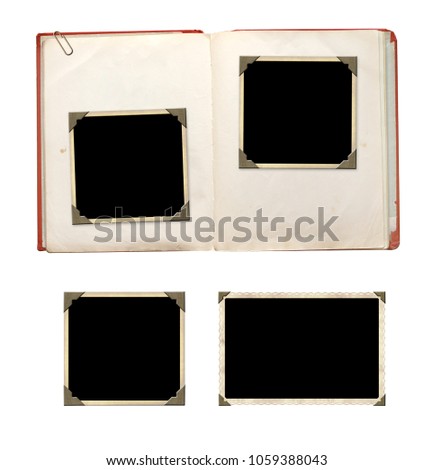 Collection of vintage elements for scrapbooking. Old book with blank pages and retro photos with rusty corners. Objects isolated over white. Mock up template. Copy space for text