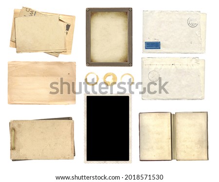 Collection of vintage elements for scrapbooking. Set of retro photo, envelope, card, open book with empty pages, coffee stain. Objects isolated on white background