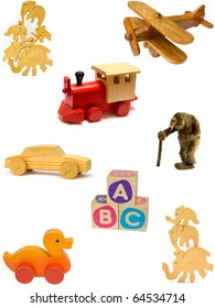 Collection Of Vintage And Homemade Wooden Toys On White Background.