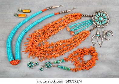 A Collection Of Vintage Native American Jewelry Made Of Turquoise, Silver And Branch Coral.