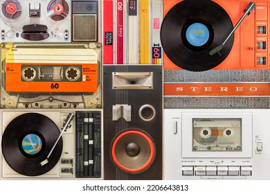 Collection of vintage turntables, speakers, compact cassettes and tape recorders - Shutterstock ID 2206643813