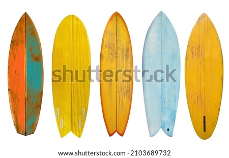 Collection of vintage wooden fishboard shortboard surfboard isolated on white with clipping path for object, retro styles.
