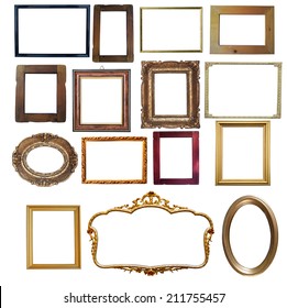 Collection of vintage wooden and golden empty frames isolated on white background