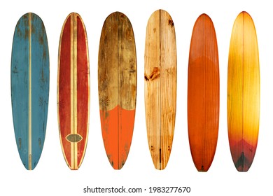 Collection of vintage wooden longboard surfboard isolated on white with clipping path for object, retro styles.