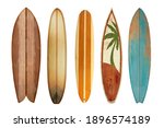 Collection vintage wooden surfboard isolated on white with clipping path for object, retro styles.