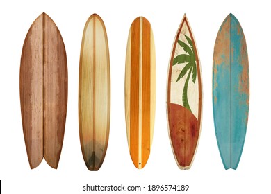 Collection vintage wooden surfboard isolated on white with clipping path for object, retro styles. - Shutterstock ID 1896574189