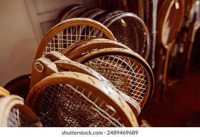 A collection of vintage wooden tennis rackets hang on a wall, their strings and frames weathered with age. - Powered by Shutterstock