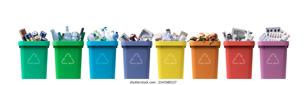Collection of waste bins full of different types of garbage, recycling and separate waste collection concept - Shutterstock ID 2147680127