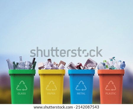 Collection of waste bins full of different types of garbage, recycling and separate waste collection concept