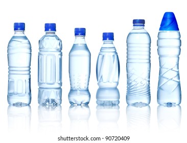 Collection of water bottles isolated on white background