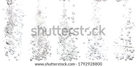 collection water bubble black oxygen air, in underwater clear liquid with bubbles flowing up on the water surface, isolated on a white background