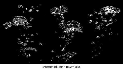 Collection Water Bubble White Oxygen Air, In Underwater Clear Liquid With Bubbles Flowing Up On The Water Surface, Isolated On A Black Background