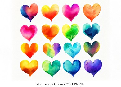 collection of watercolor love hearts in all the colors of a rainbow
