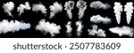 A collection of white smoke clouds in different shapes and forms, displayed against a solid black background. The image showcases various textures and densities of smoke.