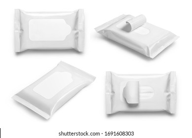Collection of white wet wipes flow packs, isolated on white background