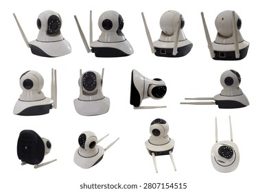 Collection of white wireless IP security cameras in multiple angles and views, featuring rotating design, antennas, and infrared lens. Isolated on white background for smart home security system, surveillance, and technology mockups.