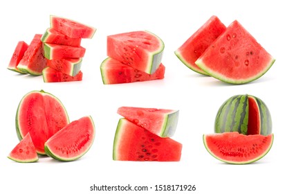 Collection of whole and cut watermelon fruits isolated on white background. Set of different slices..