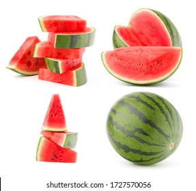 Collection of whole and cut watermelon fruits isolated over white background. Set of different slices.