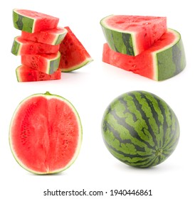 Collection of whole and cut watermelon fruits isolated over white background. Set of different slices.