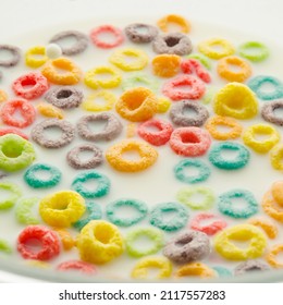 Collection Of Whole Grain Fruit Colorful Rings Isolated On White Background. Large Group Of Objects. There Are No People In The Photo. Sweet Food, Quick Breakfasts.