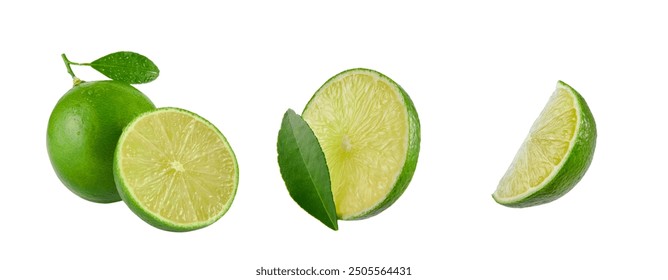 The collection of whole lemons, lemon leaves, and sliced lemons on a white background