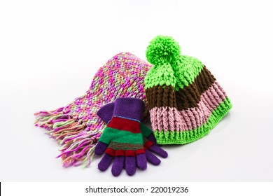 Collection Winter with accessories, Colorful woolen glove, scarf and hat.