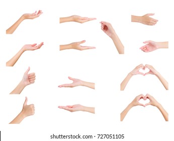 Collection Of Woman Hand Holding Empty Space And Gesturing Sign Thumbs Up (Like), Shaping Heart Symbol (love) And Empty Handshake With Front And Back Hand Side. Isolated On White Background.