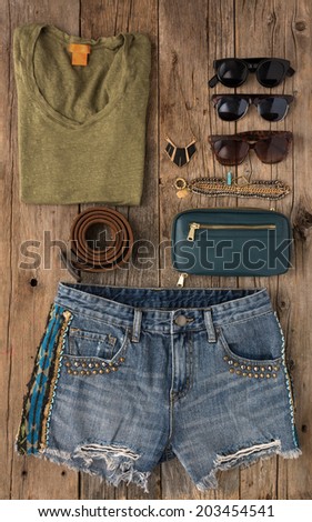 Collection of woman's summer clothing shot from above