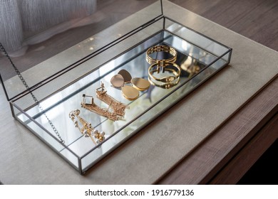 Collection Of Women's Accessories In Glass Display Shelves At Home, Fashion Blogger's Collection, Interior Design Decoration