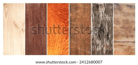 Collection of wooden banners with old wood texture of different colors. Set of wood boards of brown, dark brown, orange and beige color