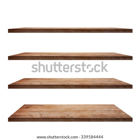 collection of wooden shelves on an isolated white background, Objects with Clipping Paths for design work