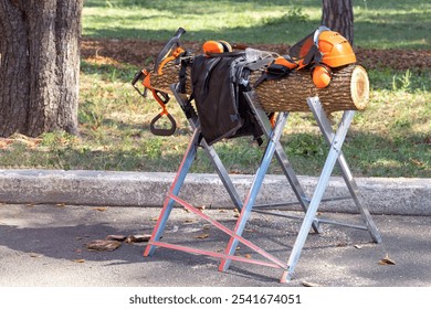 A collection of work tools rests on a wooden log stand in a bright, outdoor area, showcasing safety gear and equipment partially draped on the setup, highlighting an industrious environment. - Powered by Shutterstock