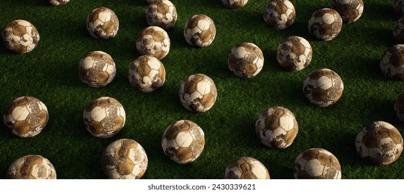 A collection of worn old footballs on artificial grass. Lit by sunlight. - Powered by Shutterstock