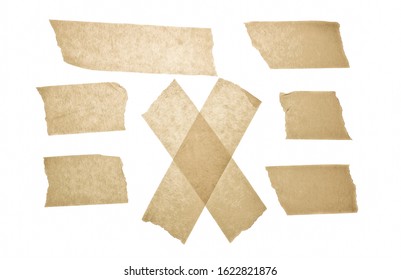 Collection Of Yellow Aged Duct Tape. Collection Of Various Adhesive Tapes. Scotch Tape Isolated On A White Background. Copy Space