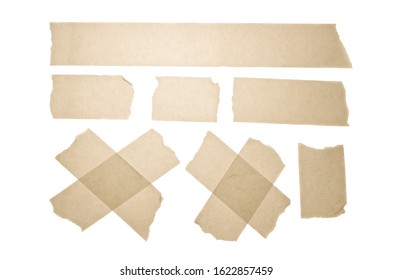 Collection Of Yellow Aged Duct Tape. Collection Of Various Adhesive Tapes. Scotch Tape Isolated On A White Background. Copy Space