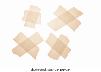 Collection Of Yellow Aged Duct Tape. Collection Of Various Adhesive Tapes. Scotch Tape Isolated On A White Background. Copy Space