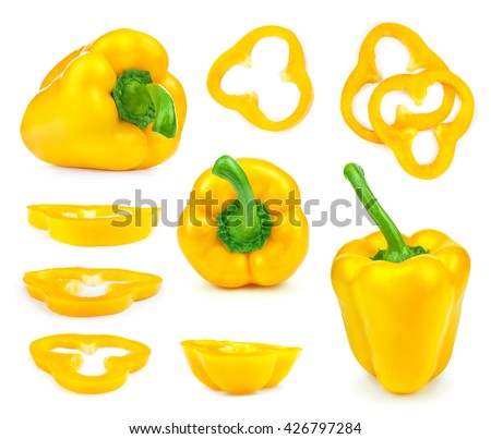 collection of yellow bell peppers and slices isolated on white background
