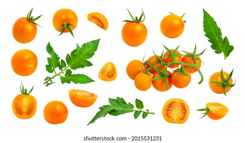 Collection of yellow orange tomatoes with green tails leaves isolated on white background. Fresh ripe Cherry tomatoes. Whole vegetables and chopped halves. Healthy vegan organic food, harvest concept - Powered by Shutterstock