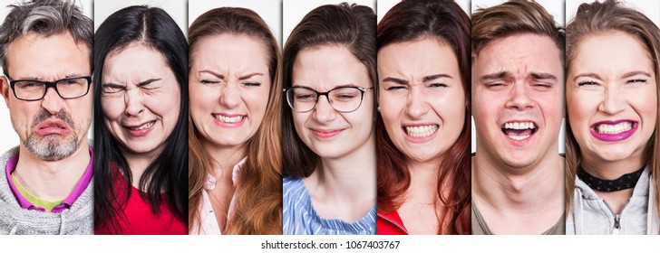 collection of young and old people portraits making an expressive facial gesture. lemons are sour so people make an ugly face if they bite into and taste them.