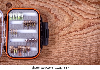Collections Of  Flies In A Tackle Box For Fly Fishing