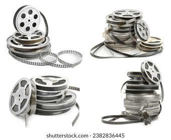 Collections old film strip in metal bobbins isolated on white background. Various angles. - Powered by Shutterstock