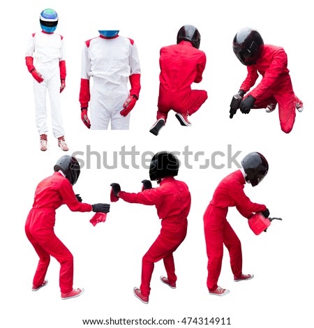 Collections of race car driver and team technician maintaining service for a racing car in pit stop isolated on white background with clipping path