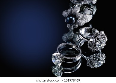 Collections Of Rings With Diamond Isolated On Black Background 