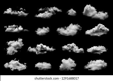 Collections Of Separate White Clouds On A Black Background Have Real Clouds. White Cloud Isolated On A Black Background Realistic Cloud. White Fluffy Cumulus Cloud Isolated Cutout On Black Background